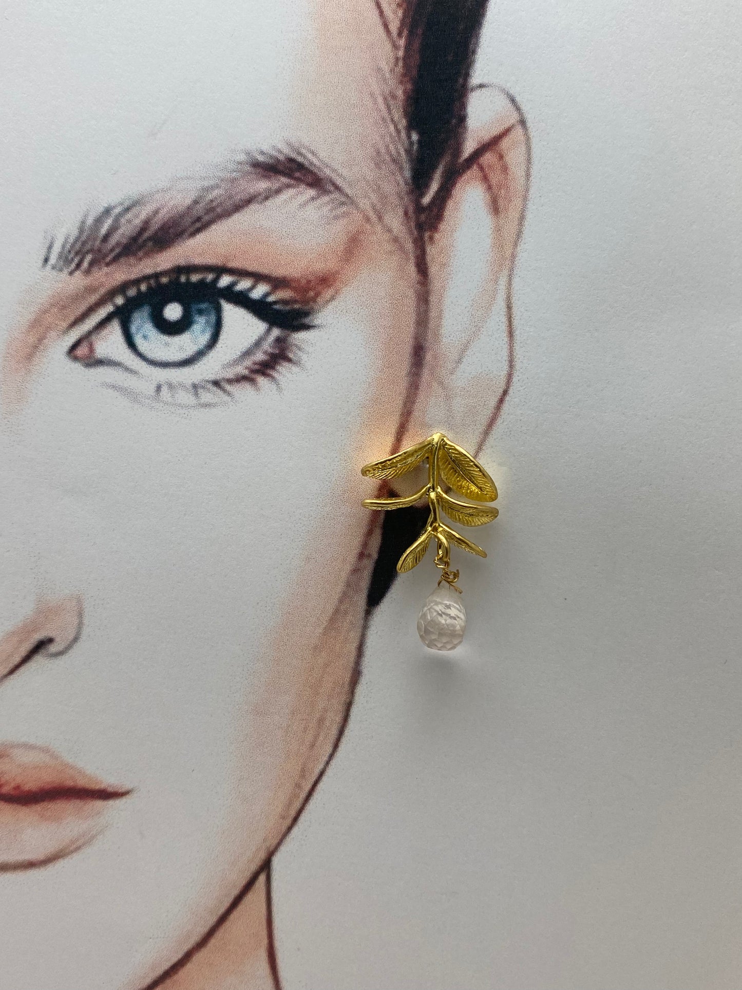 Pendientes hojas/cuarzo rosa