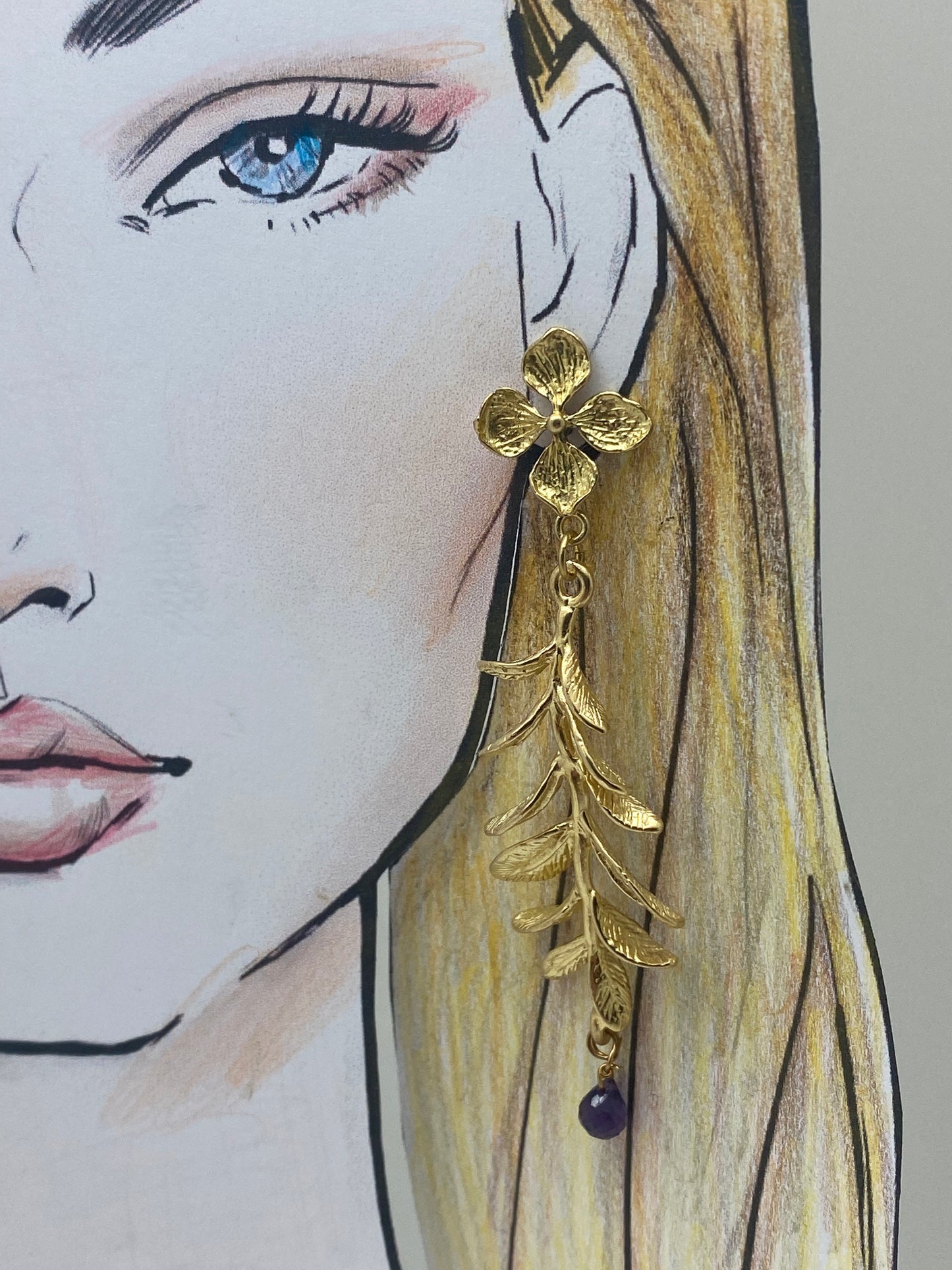 Pendientes largos hojas/amatista